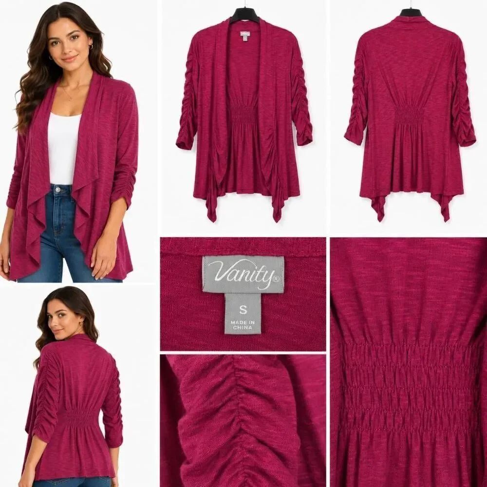 Vanity Ruched Sleeve Drape Cardigan Burgundy S